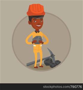 African-american miner in hard hat holding coal in hands. Miner with a pickaxe. Miner working at coal mine. Young miner at work. Vector flat design illustration in the circle isolated on background.. Miner holding coal in hands vector illustration.