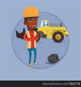 African-american miner in hard hat standing on the background of excavator. Confident miner with crossed arms standing near coal. Vector flat design illustration in the circle isolated on background.. Miner with a big excavator on background.