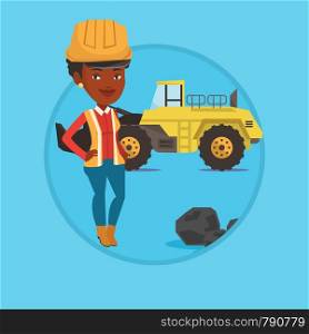 African-american miner in hard hat standing on the background of excavator. Confident miner with crossed arms standing near coal. Vector flat design illustration in the circle isolated on background.. Miner with a big excavator on background.