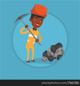 African-american miner in hard hat working with a pickaxe. Miner working at the coal mine. Young miner at work. Vector flat design illustration in the circle isolated on background.. Miner working with pickaxe vector illustration.