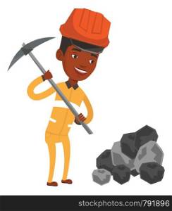 African-american miner in hard hat working with a pickaxe. Smiling miner in helmet working at the coal mine. Young miner at work. Vector flat design illustration isolated on white background.. Miner working with pickaxe vector illustration.