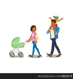 African-American Mother Walking with Baby Carriage While Father Riding Happy Son on His Shoulders Cartoon Vector Isolated on White Background. Parents Spending Time with Childrens, Family Strolling