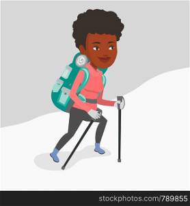 African-american mountaineer climbing a snowy ridge. Young mountaineer climbing a mountain. Mountaineer with backpack walking up along a snowy ridge. Vector flat design illustration. Square layout.. Young mountaneer climbing a snowy ridge.