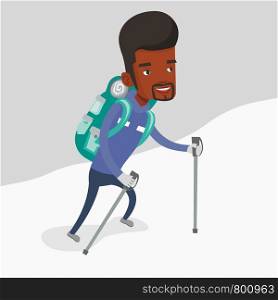 African-american mountaineer climbing a snowy ridge. Young mountaineer climbing a mountain. Mountaineer with backpack walking up along a snowy ridge. Vector flat design illustration. Square layout.. Young mountaneer climbing a snowy ridge.