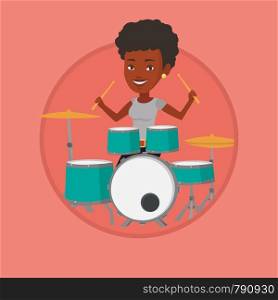 African-american mucisian playing on drums. Woman playing on drums. Woman playing on drum kit. Woman sitting behind the drum kit. Vector flat design illustration in the circle isolated on background.. Woman playing on drum kit vector illustration.
