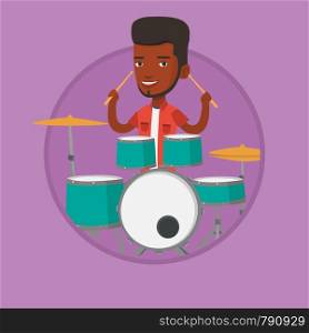 African-american mucisian playing on drums. Young man playing on drums. Man playing on drum kit. Guy sitting behind the drum kit. Vector flat design illustration in the circle isolated on background.. Man playing on drum kit vector illustration.
