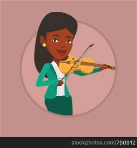 African-american musician standing with violin. Musician playing violin. Cheerful violinist playing classical music on violin. Vector flat design illustration in the circle isolated on background.. Woman playing violin vector illustration.