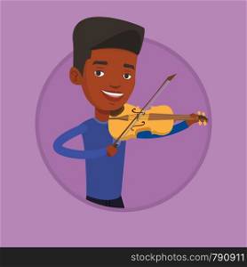 African-american musician standing with violin. Young smiling musician playing violin. Cheerful violinist playing music on violin. Vector flat design illustration in the circle isolated on background.. Man playing violin vector illustration.