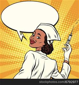 African American nurse with a syringe for vaccination, pop art retro comic book vector illustration