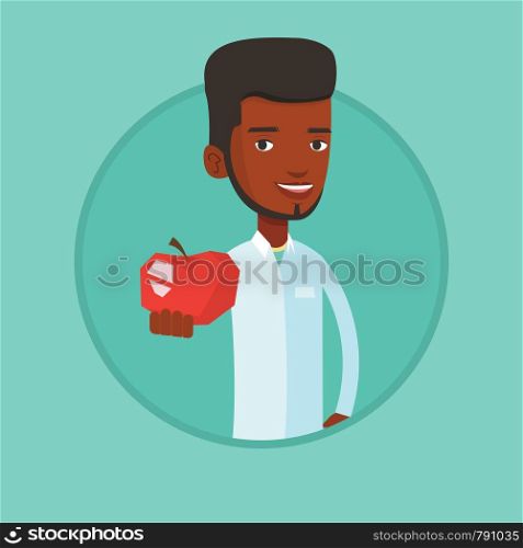 African-american nutritionist prescribing diet and healthy eating. Nutritionist holding an apple. Nutritionist offering an apple. Vector flat design illustration in the circle isolated on background.. Nutritionist offering fresh red apple.