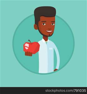 African-american nutritionist prescribing diet and healthy eating. Nutritionist holding an apple. Nutritionist offering an apple. Vector flat design illustration in the circle isolated on background.. Nutritionist offering fresh red apple.