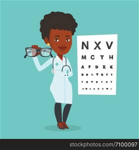 African-american oculist doctor giving glasses. Professional ophthalmologist holding eyeglasses on the background of eye chart. Oculist offering glasses. Vector flat design illustration. Square layout. Professional ophthalmologist holding eyeglasses.