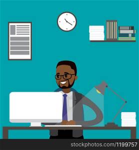 African american Office worker or businessman working On Computer.Cartoon Workplace,flat stock vector illustration