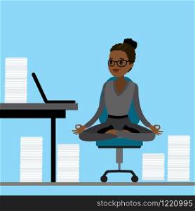 African american Office worker or businesswoman relaxes and meditates in the lotus position on workplace, flat vector illustration
