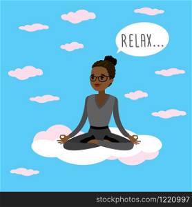 African american Office worker or businesswoman relaxes and meditates in the lotus position on clouds, flat vector illustration