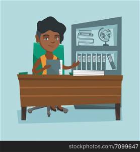 African-american office worker working with documents. Young female office worker sitting at the table with documents. Office worker inspecting documents. Vector cartoon illustration. Square layout.. African office worker working with documents.
