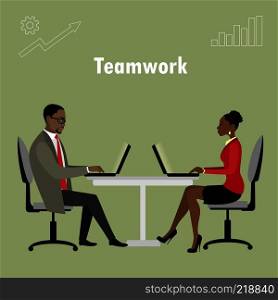 African american Office workers or business people sitting at the table. Working On laptop , teamwork . Vector illustration. Office workers or business people sitting at the table