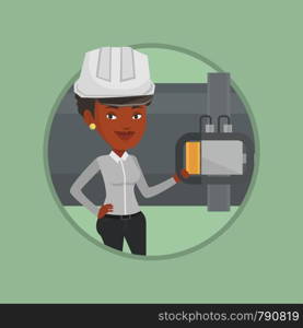 African-american operator of oil refinery plant checking detector on pipeline. Technician standing on the background of pipeline. Vector flat design illustration in the circle isolated on background.. Operator checking detector on gas pipeline.