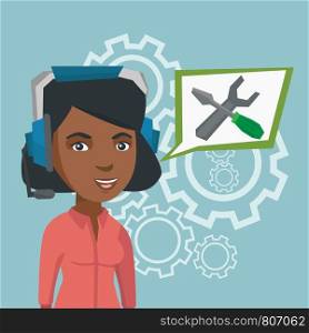 African-american operator of technical support wearing headphone set. Young technical support operator with speech square with a screwdriver and a wrench. Vector cartoon illustration. Square layout.. Young african-american technical support operator.