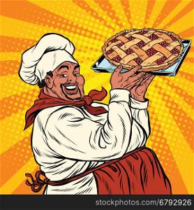 African American or Latino cook with a berry pie, pop art retro vector illustration