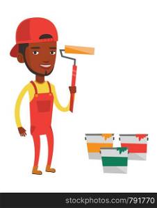 African-american painter in uniform holding paint roller in hands. Young house painter at work. Smiling painter standing near paint cans. Vector flat design illustration isolated on white background.. Painter holding paint roller vector illustration.