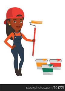 African-american painter in uniform holding paint roller in hands. Young house painter at work. Smiling painter standing near paint cans. Vector flat design illustration isolated on white background.. Painter holding paint roller vector illustration.