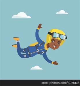 African-american parachutist jumping with a parachute. Professional parachutist falling through the air. Happy young woman flying with a parachute in sky. Vector cartoon illustration. Square layout.. African parachutist jumping with a parachute.
