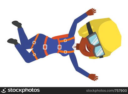 African-american parachutist jumping with parachute. Professional parachutist falling through the air. Young woman flying with parachute. Vector flat design illustration isolated on white background.. African parachutist jumping with parachute.