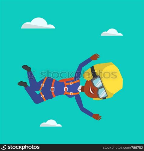 African-american parachutist jumping with parachute. Professional parachutist falling through the air. Happy young woman flying with parachute in clouds. Vector flat design illustration. Square layout. African parachutist jumping with parachute.