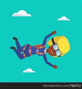 African-american parachutist jumping with parachute. Professional parachutist falling through the air. Happy young woman flying with parachute in clouds. Vector flat design illustration. Square layout. African parachutist jumping with parachute.