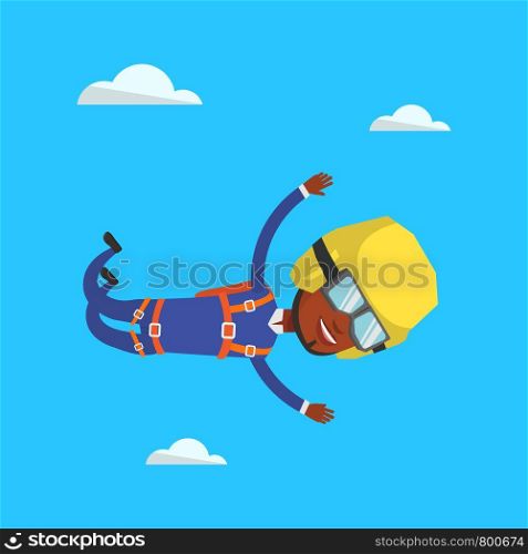African-american parachutist jumping with parachute. Professional parachutist falling through the air. Happy young woman flying with parachute in clouds. Vector flat design illustration. Square layout. Parachutist jumping with parachute.