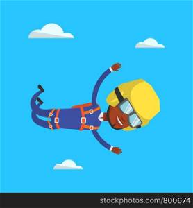African-american parachutist jumping with parachute. Professional parachutist falling through the air. Happy young woman flying with parachute in clouds. Vector flat design illustration. Square layout. Parachutist jumping with parachute.