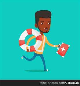 African-american paramedic running with first aid box. Young paramedic running to patients. Emergency doctor running with first aid box and lifebuoy. Vector flat design illustration. Square layout.. Paramedic running with first aid box.