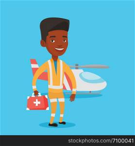 African-american paramedic standing in front of helicopter. Doctor of air ambulance. Young paramedic with first aid box. Doctor of air rescue service. Vector flat design illustration. Square layout.. Doctor of air ambulance vector illustration.