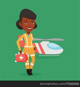 African-american paramedic standing in front of helicopter. Doctor of air ambulance. Young paramedic with first aid box. Doctor of air rescue service. Vector flat design illustration. Square layout.. Doctor of air ambulance vector illustration.