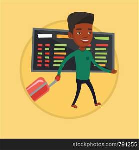 African-american passenger with suitcase walking on the background of schedule board in airport. Man pulling suitcase in airport. Vector flat design illustration in the circle isolated on background.. Man walking with suitcase at the airport.