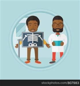 African-american patient during x-ray procedure in examination room in hospital. Cheerful patient on reception at the radiologist. Vector flat design illustration in the circle isolated on background.. Patient during x ray procedure vector illustration