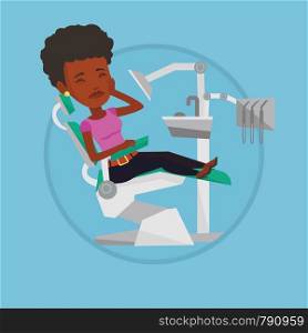 African-american patient visiting dentist because of toothache. Patient suffering from toothache. Woman having a strong toothache. Vector flat design illustration in the circle isolated on background.. Woman suffering in dental chair.
