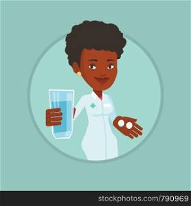 African-american pharmacist holding a glass of water and pills in hands. Pharmacist in medical gown. Pharmacist giving medication. Vector flat design illustration in the circle isolated on background. Pharmacist giving pills and glass of water.