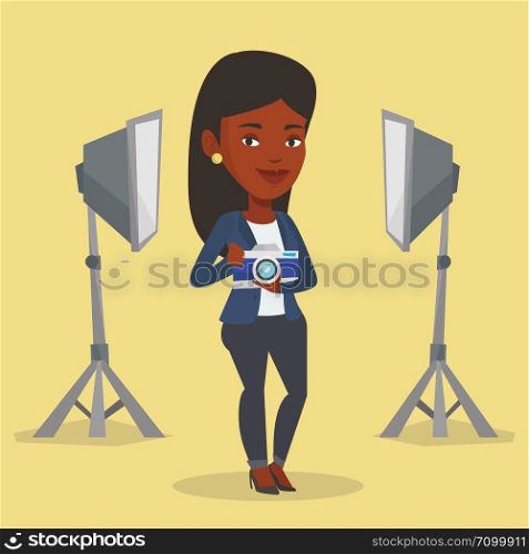 African-american photographer holding a camera in photo studio. Photographer using professional camera in the studio. Young photographer taking a photo. Vector flat design illustration. Square layout.. Photographer with camera in photo studio.