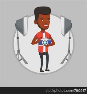 African-american photographer using professional camera in the studio. Young photographer holding a camera in photo studio. Vector flat design illustration in the circle isolated on background.. Photographer with camera in photo studio.