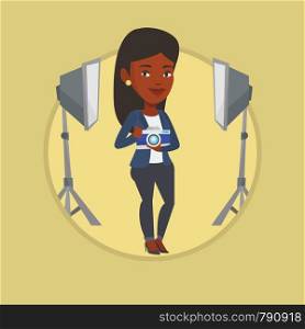 African-american photographer using professional camera in the studio. Young photographer holding a camera in photo studio. Vector flat design illustration in the circle isolated on background.. Photographer with camera in photo studio.