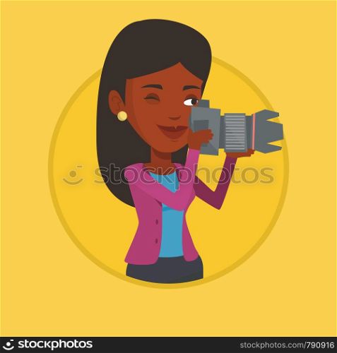African-american photographer working with digital camera. Photographer taking a photo. Smiling photographer taking a picture. Vector flat design illustration in the circle isolated on background.. Photographer taking photo vector illustration.