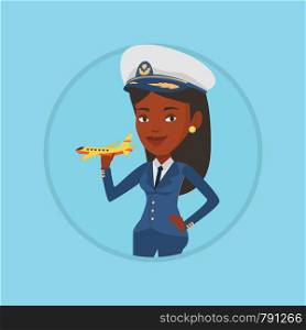 African-american pilot holding model of airplane in hand. Cheerful airline pilot in uniform. Smiling pilot with model of airplane. Vector flat design illustration in the circle isolated on background.. Cheerful airline pilot with model airplane.