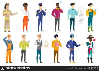 African-american pirate holding hand on his chest. Full length of young pirate with hand on his chest and heart flying nearby. Set of vector flat design illustrations isolated on white background.. Vector set of professions characters.
