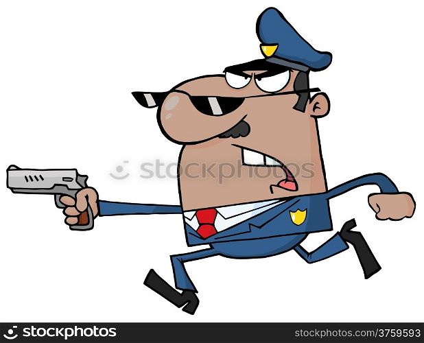 African American Police Officer Running With A Gun
