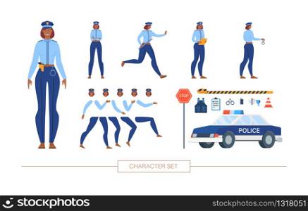 African-American Policewoman in Uniform Character Constructor Isolated, Trendy Flat Design Elements Set. Female Police Officer Body Parts, Emotions, Patrol Car, Road Signs, Ammunition Illustrations