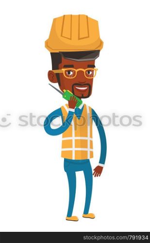 African-american port worker in hard hat talking on wireless radio. Smiling port worker in helmet using wireless radio. Vector flat design illustration isolated on white background.. Port worker talking on wireless radio.