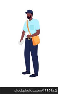 African american postman flat color vector faceless character. Delivery man with envelopes. Postal service. Essential worker isolated cartoon illustration for web graphic design and animation. African american postman flat color vector faceless character