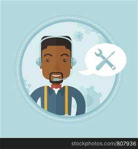African-american professional operator of technical support. Operator of technical support at work. Concept of technical support. Vector flat design illustration in the circle isolated on background.. Technical support operator vector illustration.